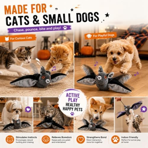 Flying Bat Dog Toy, Flapping Bat Dog Toy for Dogs & Cats, Flapping Wings Interactive Pet Toy with Chirping Sounds, Hanging and Ground Play with Detachable USB Rechargeable，2pcs