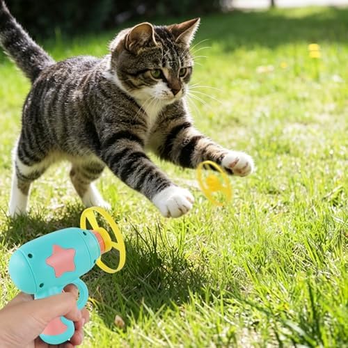 Andiker Cat Fetch Toy, Interactive Kitten Flying Disc Launcher Toy with 5 Colorful Flying Propellers for Cat Enrichment, Flying Saucer Toy for Cats for Training and Chasing (Blue+Pink(10pcs))