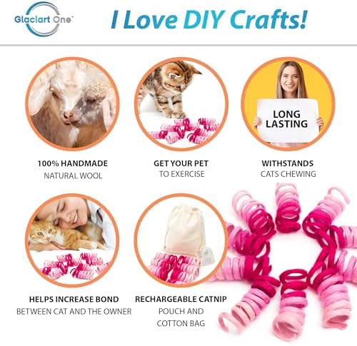 Glaciart One Felt Mini Spring Cat Toy – 10 Pcs Soft Fuzzy Enrichment 100% Natural Wool - Interactive Stretchable Play Cat Toy Set - Safe for Pets, Non-AZO Colored Dyes - 11” Long