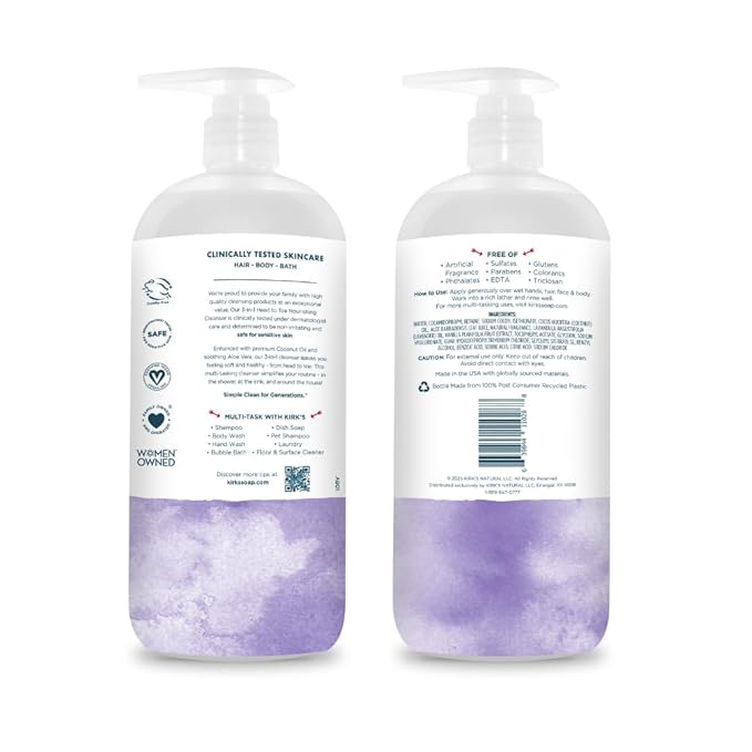 Kirk's 3-in-1 Head to Toe Nourishing Liquid Cleanser- for Men, Women & Children - Premium Coconut Oil & Aloe Vera- Non GMO & Vegan - Lavender and Vanilla - 32 Fl Oz. - 2 Pack