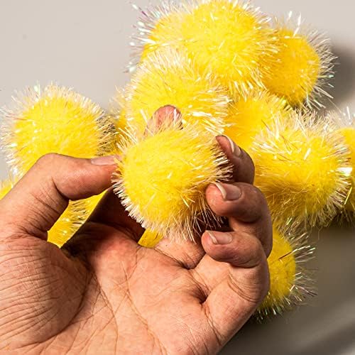 VAPKER 30 Pcs Cat Ball Toys Sparkle Balls Extra Large 2 Inch Cat's Favorite Chase Glitter Ball Glitter Tinsel Pom Poms Balls Yellow Color