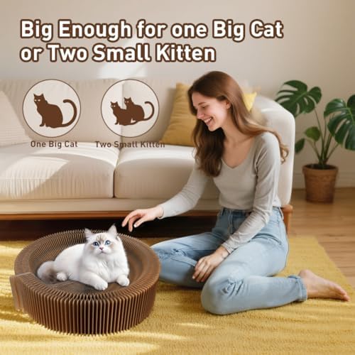 Cat Bed Scratcher Lounge - Cardboard Collapsible Pet Scratching Pad, Round Cat Scratch Nest for Indoor Big Large Kitty Kitten