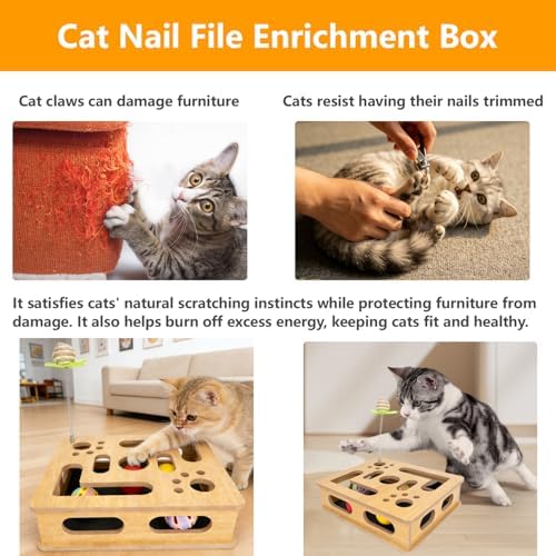 Cat Scratch Puzzle Enrichment Box,Clawcraft Wooden Cat Scratcher,No Assembly Required,Built-in Sandpaper Trims Your pet's Claws as They Play(Burlywood Color)