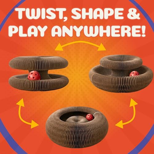 Kitty&Scratch Cat Scratcher Toy | Cardboard Cat Toy with Ball Track with Bell | Kitty Kurlz | Kitty Curls Style Accordion Toy | Expandable Reversible Cardboard Scratcher for Cats & Kittens