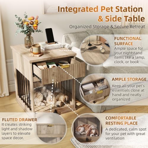 Dog Crate End Table with Charging Station, Wooden Dog Kennel Furniture with Hideaway Tempered Glass Door, Multi-Functional Pet Station Side Table with Storage Drawer (Antique Grey)