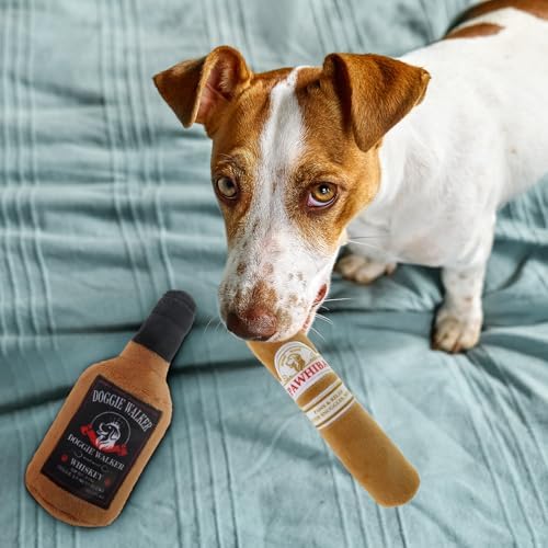 Linzy 2-Pack Whisky/Cigar Plush Dog Toy, Soft Squeaky Chew Toy for Small Medium Large Dogs, White, Interactive Pet Toy, 7 Inch