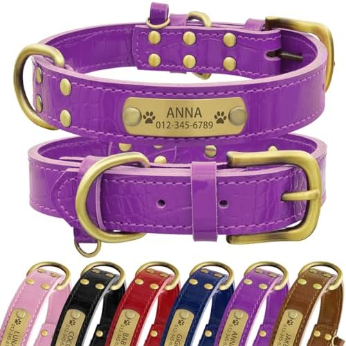 Personalized Genuine Leather Dog Collar with Engraved Name Plate - Durable and Stylish Custom Dog Collar for Small, Medium, and Large Dogs (XL,Purple)