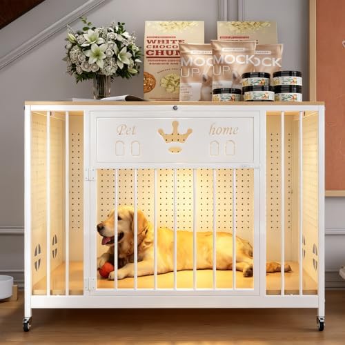 39" Iron Pegboard Dog Crate Furniture with Wooden Top & Remote LED Light