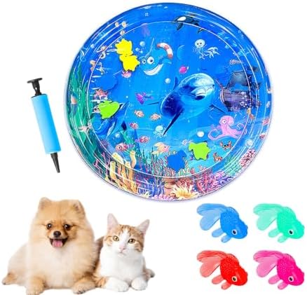 2026 Upgraded Cat Water Mat – 5-Layer Anti-Scratch Leak-Proof Sensory Play Mat for Indoor Cats, BPA-Free Cooling Water Pad, Interactive Enrichment Toy (S20, 65 * 65CM, 4 Fish + Pump Included)