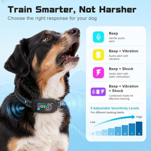 Dog Bark Collar,Shock Collar for Dogs,IP67 Waterproof, Type-C Rechargeable with Color Screen, 8 Sensitivity Levels & 4 Training Modes,AI Auto-Sleep & Safe Mode for Calming Dogs at Home