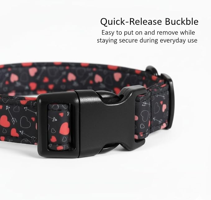 Extra Small Dog Collar, Black Dog Collar with Red Hearts, Collar for Extra Small Boys Girls Dogs with Quick Release Buckle