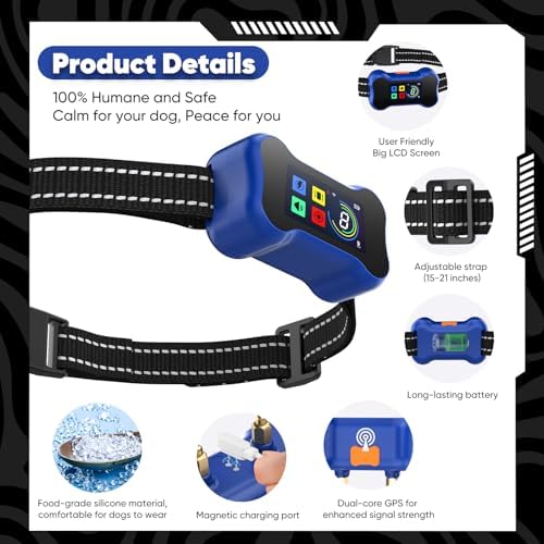 GPS Wireless Dog Fence with Free App, Electric Fence System with Training, Portable Fence for Outdoor Use, Rechargeable Waterproof Flexiable Adjustable for Large Medium Dogs (Blue)