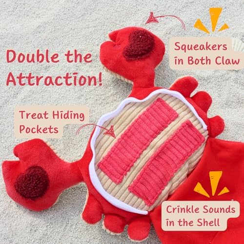 Hide and Seek Plush Dog Toys, Crab Interactive Toy for Small Dogs, Red Puppy Puzzle Squeaky Toys with Crinkle Papers, Durable Snuffle Dog Toys for Medium Pet
