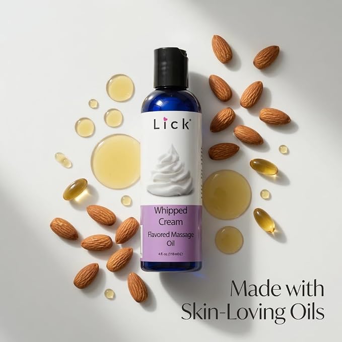 Lick Whipped Cream Flavored Massage Oil with Vitamin E - Warming Edible Body Oil for Couples Massage - Sweet Almond and Coconut Oil Blend - Smooth Glide Skin Therapy for Men and Women - 4 oz