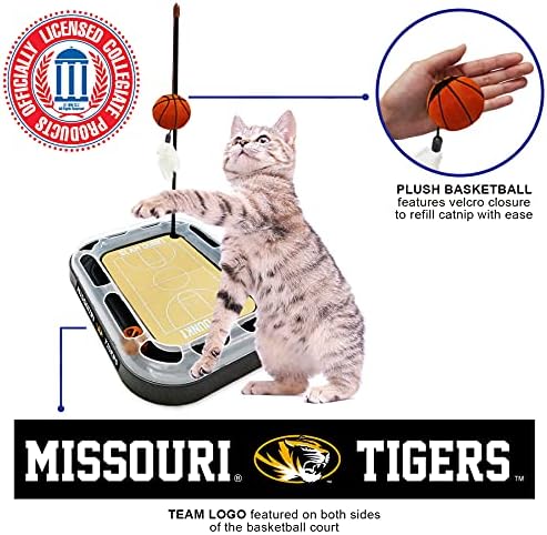 NCAA Missouri Tigers Basketball Court Scratcher Toy with Catnip Filled Plush Basketball & Feather Cat Toy Hanging, Jingle Bell Interactive Ball