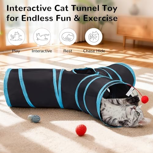 Tempcore Cat Tunnel, 3-Way Collapsible Toy, Large Size Black & Blue