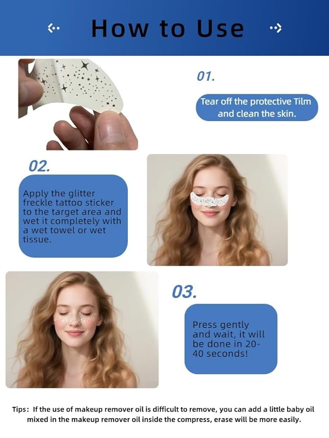 Glitter Freckles Temporary Face Tattoos, 6pcs Makeup Patches, Rose Gold, Silver and Gold Glitter Freckles Face Tattoo (B-Star)