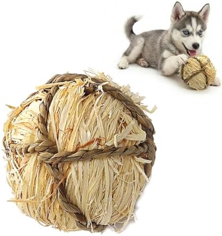 Natural Dog Chew Toy, 1pcs Woven Grass Chew Ball for Dogs, Dental Teething Toy & Interactive Fetch Toys, Outdoor Rattan Digestible Chew Ball for Boredom Relief - Seaweed & Corn Silk