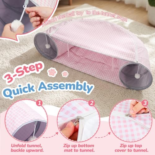 Bunny Tunnel Bed, 2-in-1 Collapsible Rabbit Guinea Pig Hideout, Pink