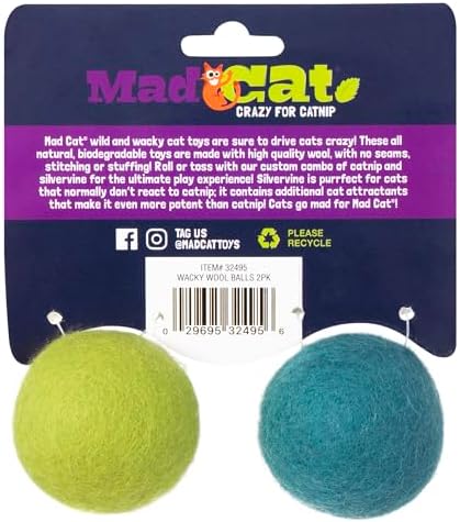 Mad Cat Wacky Wool Balls, Catnip and Silvervine Blend Cat Toys, Pack of 2