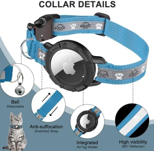 Reflective AirTag Cat Collar, Integrated Cat Collar with Air Tag Holder | Built in AirTag Holder, Adjustable 7-13in for Cats, Kittens and Puppies, Safety Elastic Band, Reflective for Night Walking