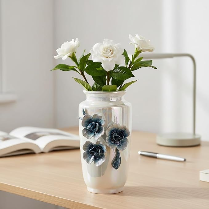 White Ceramic Vase 7 Inch - Small Modern Vase for Flowers, Boho & Farmhouse Decor for Bookshelf and Desk Decorations