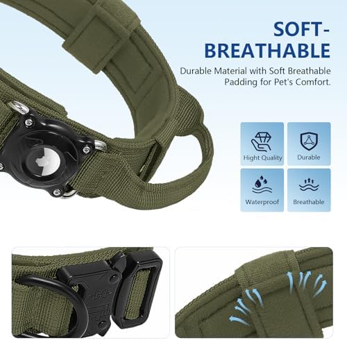 Waterproof AirTag Dog Collar with QR Code ID Tag, Tactical Military Dog Collar with Built-in AirTag Holder, Heavy Duty Metal Buckle & Control Handle, GPS Tracker Collar for Large Dogs (Green, XL)