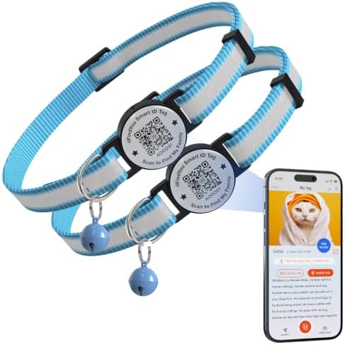 Breakaway Cat Collar QR Code, Reflective Bell, Adjustable Kitten, Blue 2pk