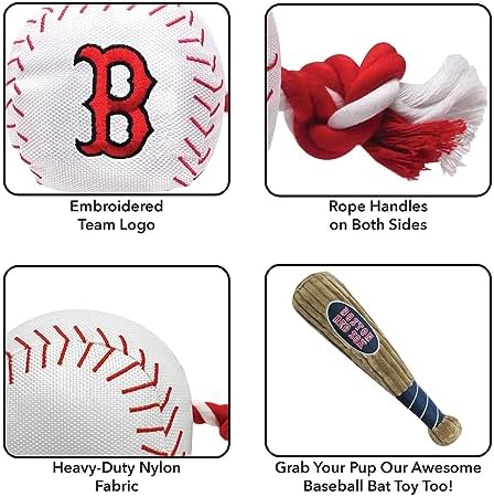 MLB BOSTON RED SOX Baseball Rope Toy for DOGS & CATS. Tough nylon, Sporty Baseball Design, Heavy-duty ropes with Inner SQUEAKER
