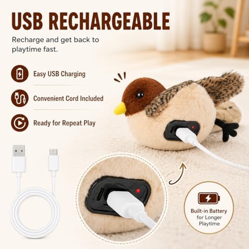 Flying Bird Cat Toy (Not a Flying Bird) – Interactive Flappy Bird Toy for Indoor Cats, USB Rechargeable with Real Feathers, Chirping Sounds & Remote Control
