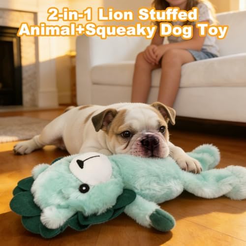 14.37 Inch Green Lion Squeaky Dog Toy, Plush Chew Toy with Bungee Legs for Puppy Teething, Indoor Outdoor Interactive Toy for All Dog Sizes