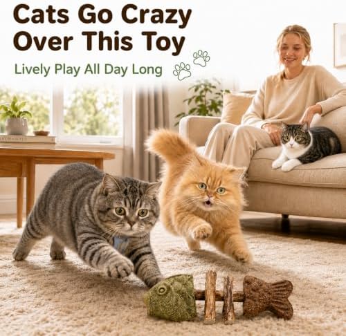 Cat Chew Toy Natural Silvervine Catnip Blend Fish Bone Shaped Teething Sticks for Indoor Kittens to Bite and Play with Fun Stimulation for Pet Mouth Dental Care and Teeth Cleaning