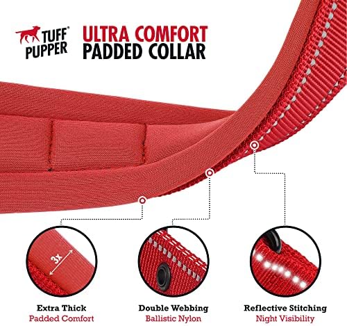 Tuff Pupper Ultra Comfort Padded Dog Collar | Thick Neoprene Padding | Ballistic Nylon Strap Dog Collar with Reflective Stitching | Durable Metal Buckle & Integrated ID Tag Holder | Waterproof Collars