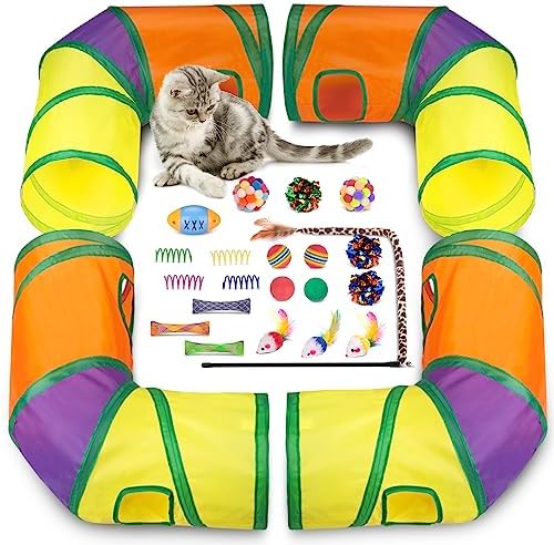Retro Shaw Interactive Cat Toys for Indoor Cats Kitten,Relieve Bored,25PCS | 4PCS Collapsible Tunnels, Large, Safe and Durable, Kitten Game Hiding Spot Self-Play Chase Exercise