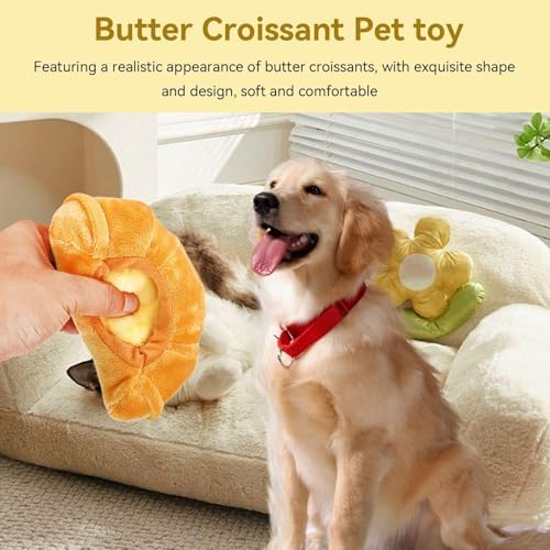 Cyrank Croissant Dog Squeaky Toys for Teething, Plush Squeaky Dog Toys Cute Funny Interactive Stuffed Pet Plush Puppy Biting Plush Chewing Toy for Puppy