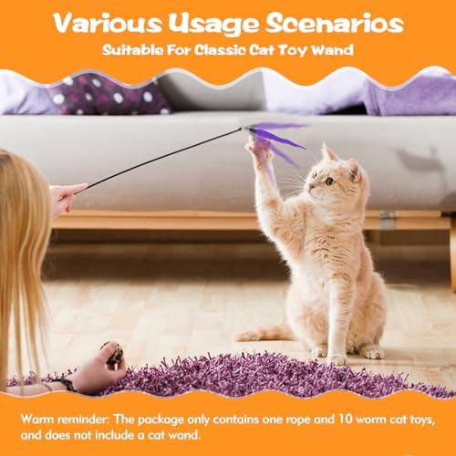 Kerros Fuzzy Worm Cat Wand Refills with Black String, 10 Pcs