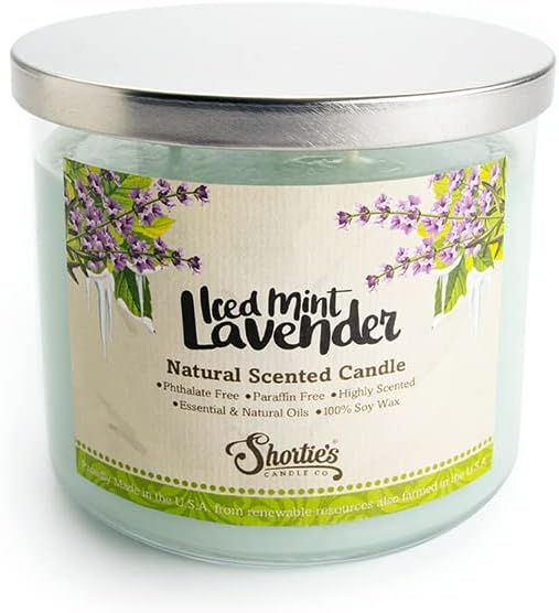 Iced Mint Lavender Highly Scented Natural 3 Wick Candle, Essential Fragrance Oils, 100% Soy, Phthalate & Paraben Free, Clean Burning, 14.5 Oz.