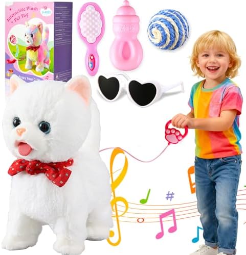 White Leash Walking Cat Set Toy Interactive Talking Cat Singing Dancing Kitten Mimicking Repeat What You Say Kitty Touch and Voice Control Nodding Wagging Tail Plush Electric Robot for Kid Girl