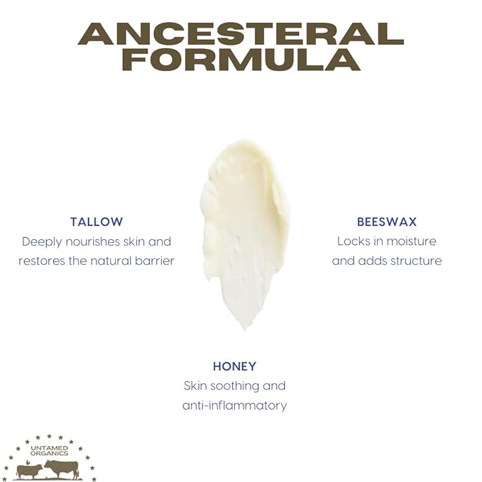 Untamed Organics Handmade Tallow & Honey Skin Balm | 100% Grass-Fed Grass-Finished Tallow + Raw Wild Honey | All Purpose Whole Body & Face Moisturizer For Sensitive Skin, 2 fl. oz. (Unscented)