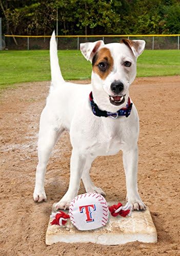 Pets First MLB Texas Rangers Baseball Rope Toy for Dogs & Cats. Tough Nylon, Sporty Baseball Design, Heavy-Duty Ropes with Inner Squeaker