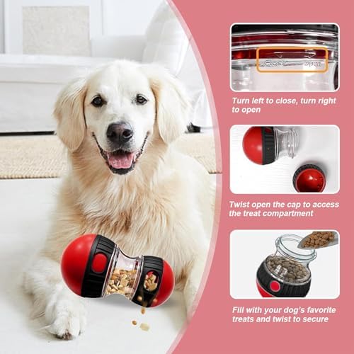 Interactive Dog Treat Dispensing Toy, Adjustable Puzzle Feeder Ball for Slow Feeding & Mental Stimulation, Rolling Enrichment Toy to Keep Dogs Busy Indoors (Red)