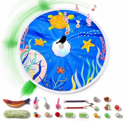 21 Pcs Interactive Cat Toys for Indoor Cats, Rechargeable Touch Activated Hide and Seek Toy with 2 Chasing Feathers, Bird Chirping for Bored Kittens