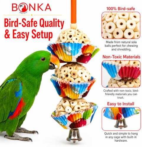 Bonka Bird Toys 1931 Three Cake, 11.75" Hanging Bird Toy with Sola Balls, Cupcake Cups, Wooden Beads, Bell, and Straw, Chewable and Shreddable.