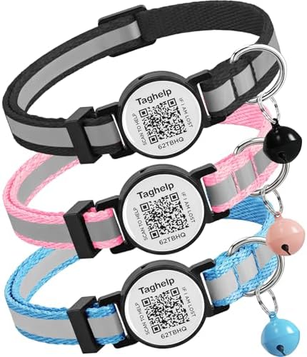 3 Pack -smart ID tag with Breakaway Cat Collars with Bell Reflective Strap, Lightweight Kitty Kitten Collars Pink Blue Collar for Female Girl Cats Male Boy Cats(Black & Blue & Pink)