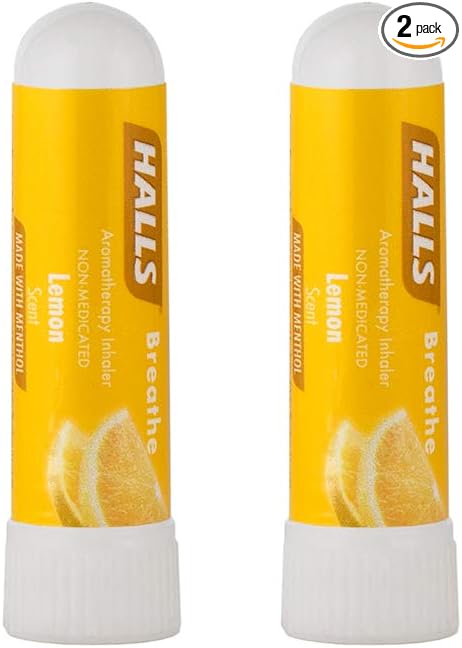 SpaRoom Halls Nausea Relief Nasal Stick – Breathe Lemon, 100% Pure Essential Oils, Aromatherapy Nasal Stick for Sinus Relief, Stress & Craving Management, Zesty Lemon Scent, 2-Pack, Non-Medicated