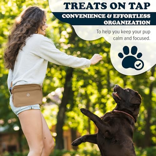 Puppington 3-in-1 Crossbody Dog Walking Bag & Dog Treat Pouch for Pet Training - Matching Compostable Poop Bags, Built-In Poop Bag Dispenser & Slow-Feeding Travel Bowl (Latte Beige)