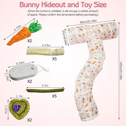 PINVNBY Large Rabbit Tunnel，Collapsible Rabbit Tunnels for Indoor Bunnies Bunny Hideout with 5 Types of Chewing Toys for Ferret Kitten Small Animals (T Shape)