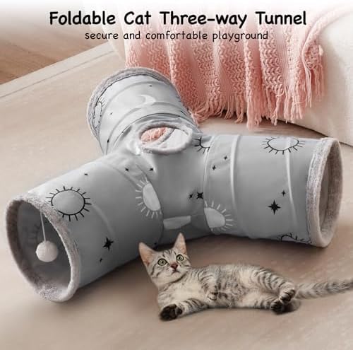 Tempcore Cat Tunnel, 3-Way Collapsible Toy for Indoor Cats, Grey Sun