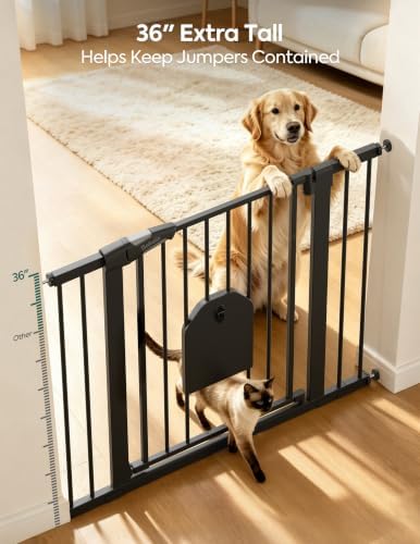 Babelio 36" Tall Baby Gate with Adjustable Cat Door, CatPrivilege I, 29-43" | Auto Close, Safety Gate for Stairs, Easy Walk Thru with Pet Door, Includes 4 Wall Cups and 3 Extension Pieces, Black