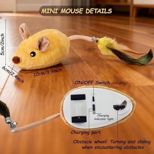 Interactive Mouse Cat Toy, Automatic Moving Fake Rat Mouse Cat Toy, Realistic Rechargeable Dog Mouse Toy with Sound & Feather & Bell, Prank Joke Scary Trick Rats for Cats Dogs